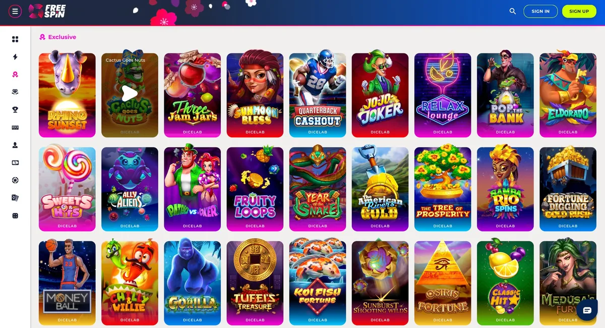 Free Spin Casino exclusive games including Gorilla, Rhino Sunset, Quarterback Cashout and more — available to Georgia players