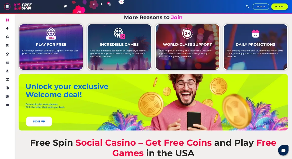 Free Spin Casino Georgia features — free to play sweepstakes casino for Georgia players