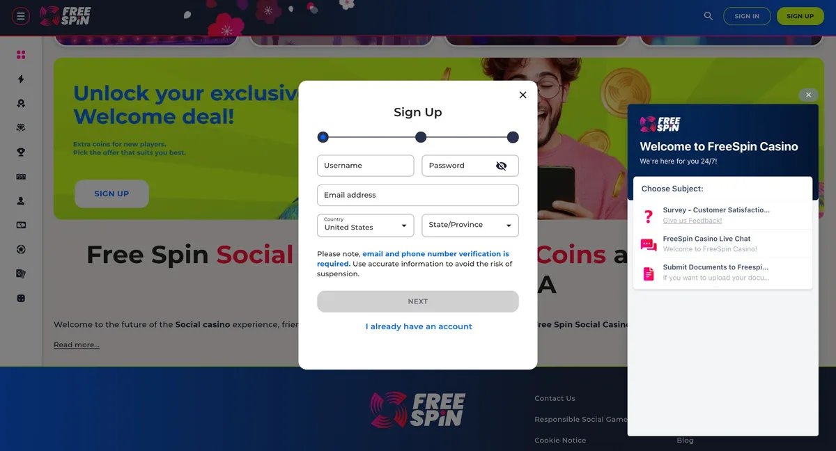 Free Spin Casino sign-up form with United States and Georgia state selection