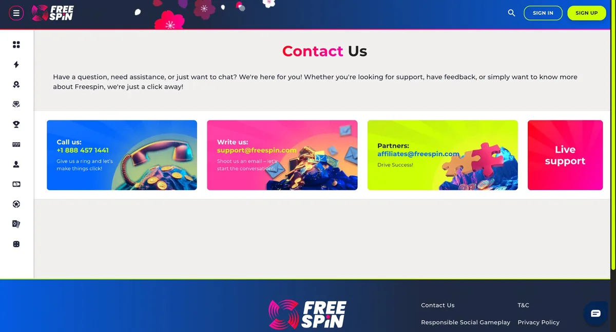 Free Spin Casino support options including phone, email and live chat for Georgia players