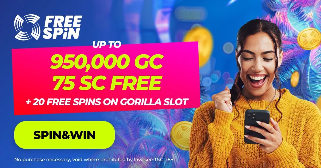 Free Spin Casino welcome offer showing up to 950,000 GC and 75 SC free for Georgia players